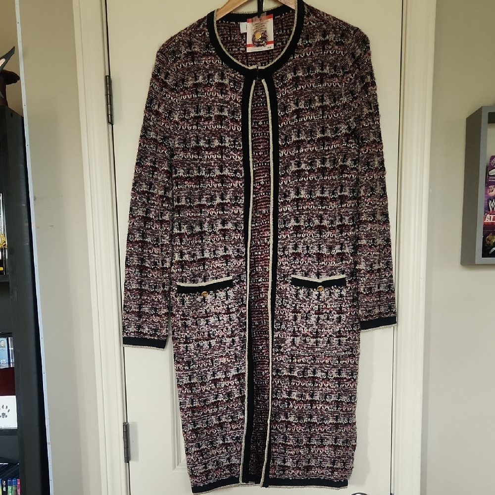 Kasper Black, Red And White With Gold Accent Cardigan